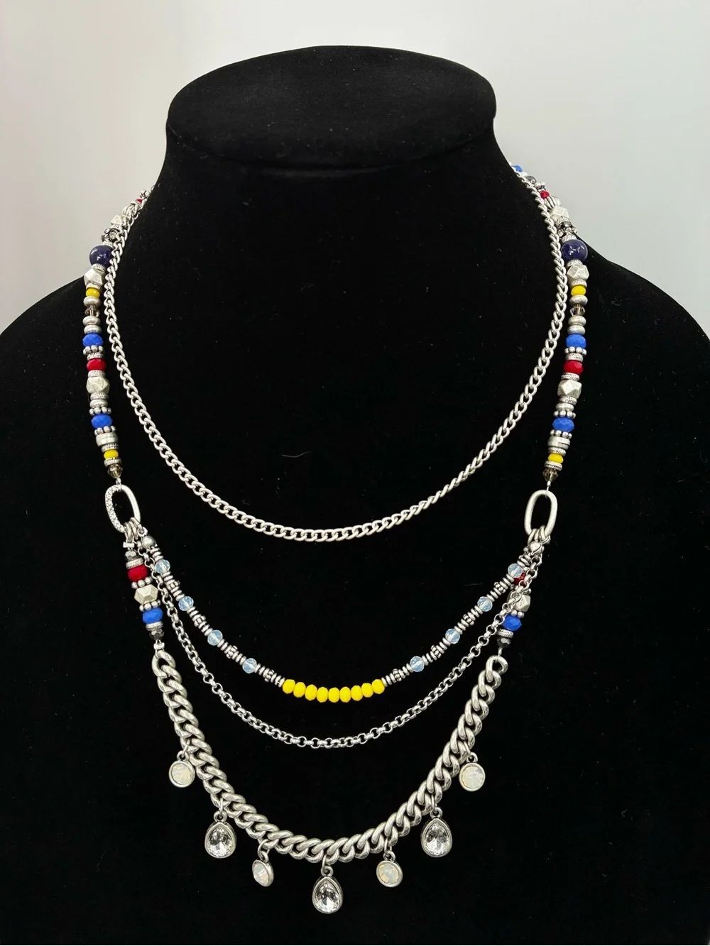 Premier Designs Layered Silver Multi-Bead Necklace with Yellow Accents. NEW